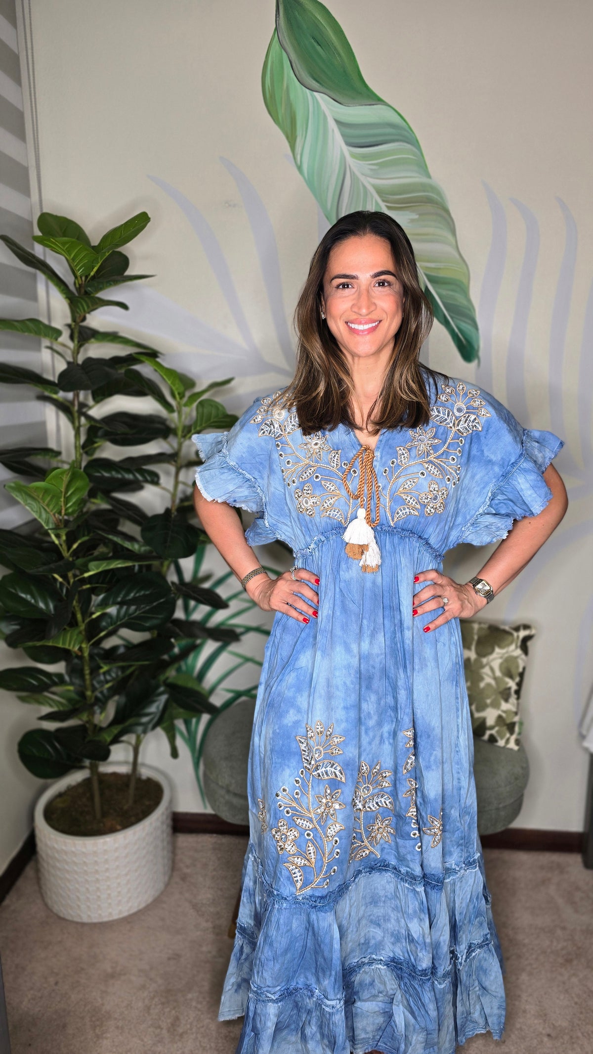 Boho Long Dress Denim Bordado Zury Collection – One Size