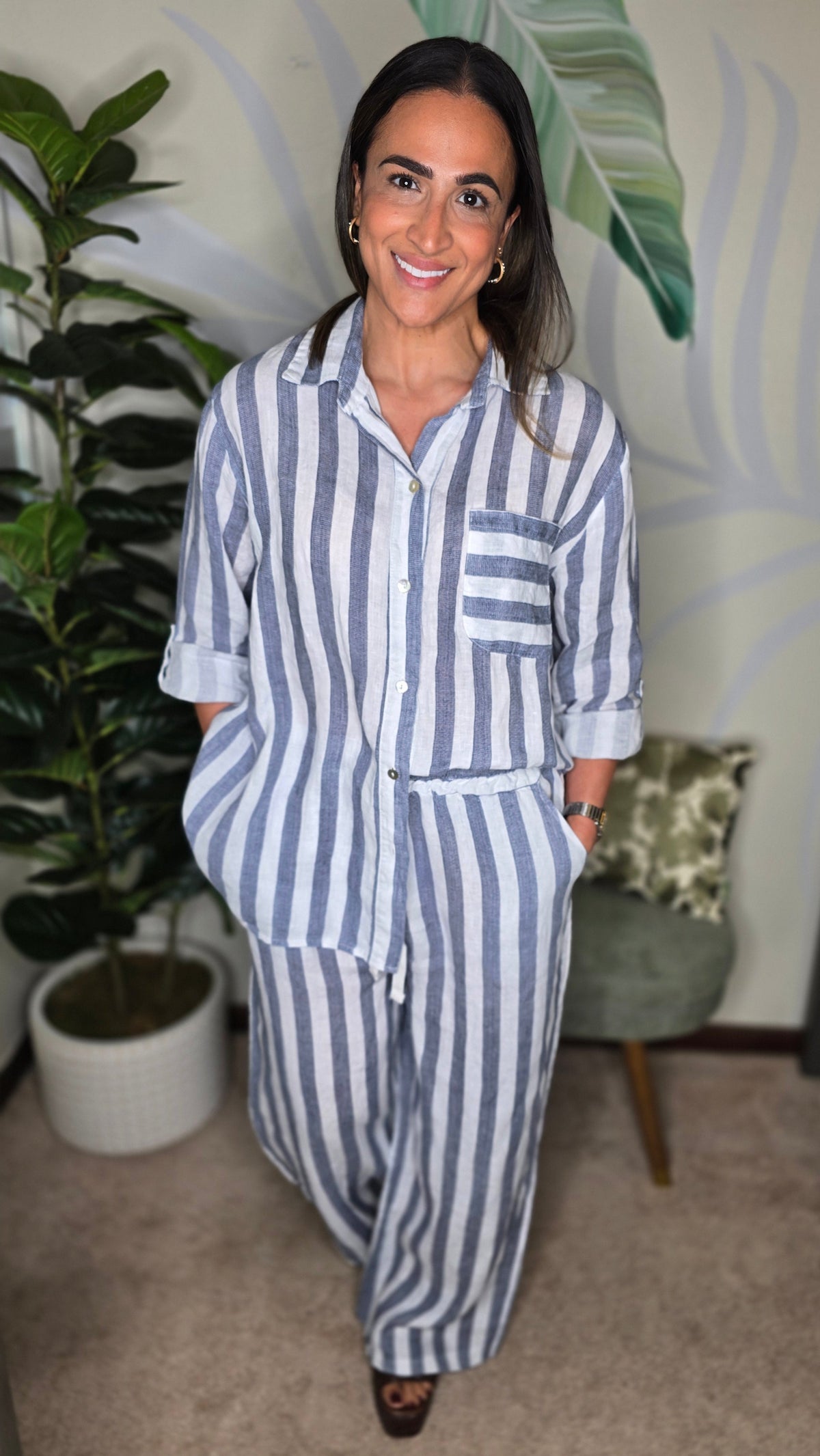 Made in Italy 100% Linen Striped Two-Piece Set