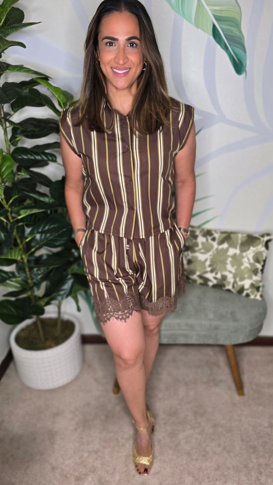Made in Italy Brown Striped Two Piece short Resort Set