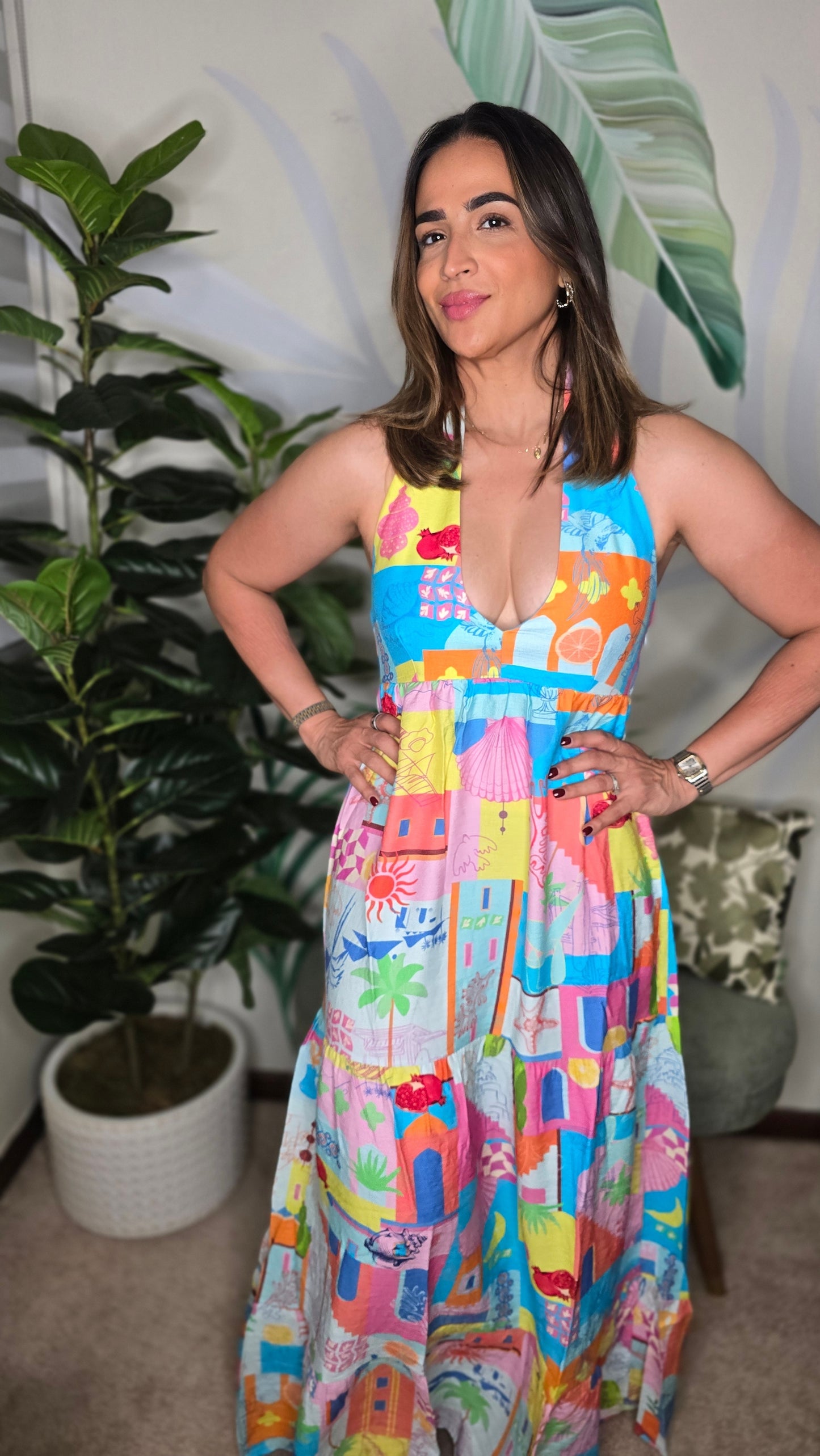 Vestido Maxi Resort Estampado Multicolor Vestido Largo de Verano