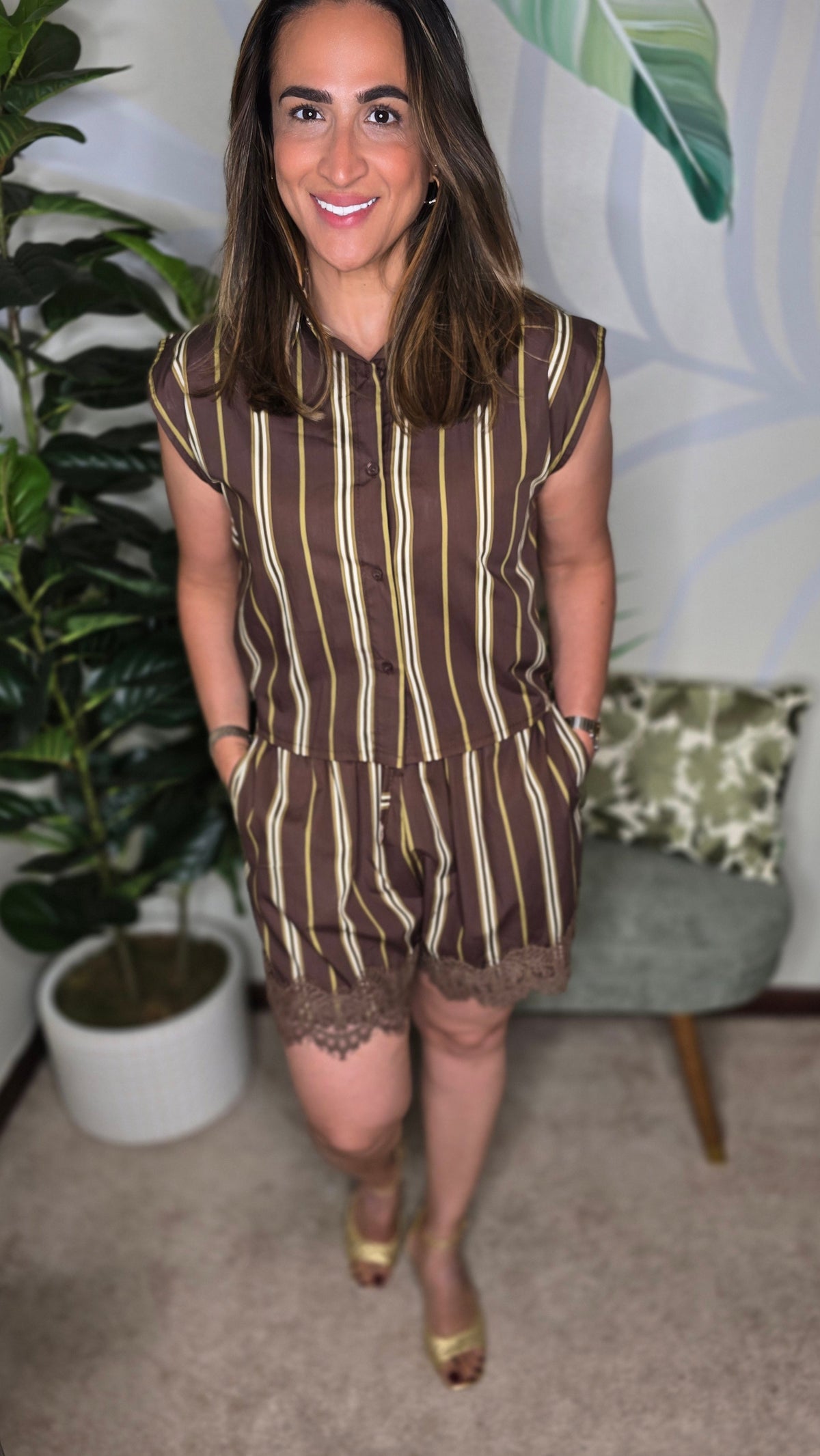 Made in Italy Brown Striped Two Piece short Resort Set
