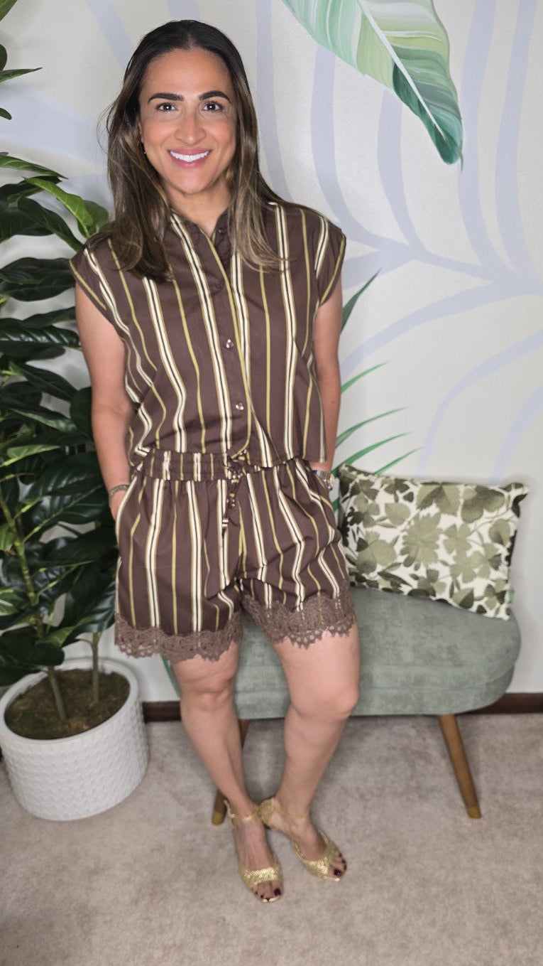 Made in Italy Brown Striped Two Piece short Resort Set