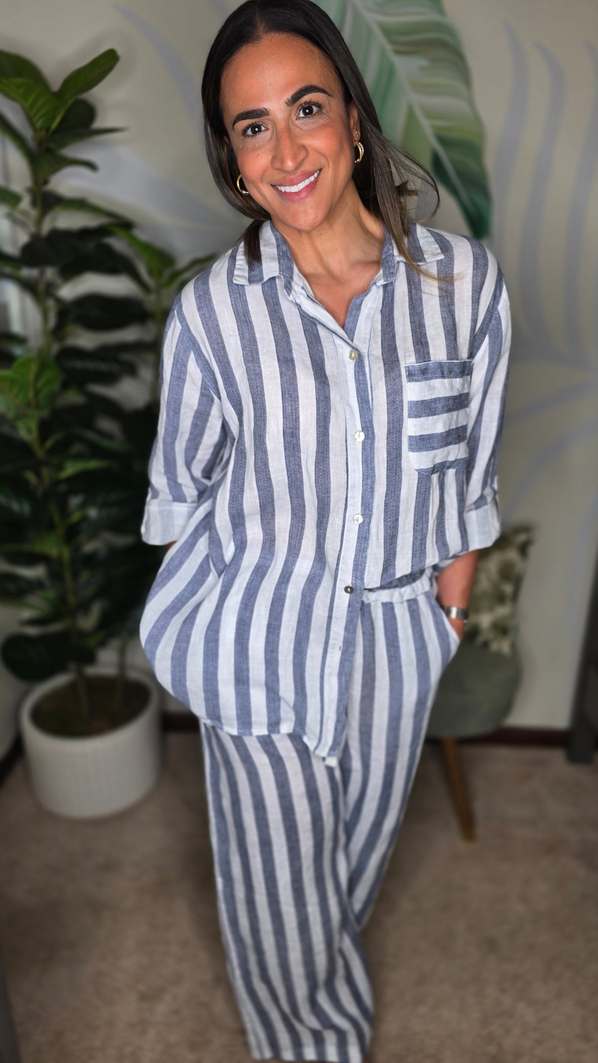 Made in Italy 100% Linen Striped Two-Piece Set