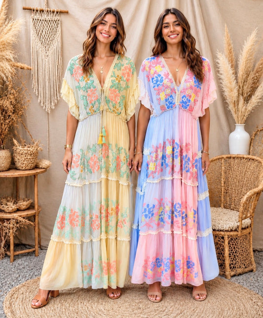 Tropical Bloom Embroidered Maxi Dress – One Size