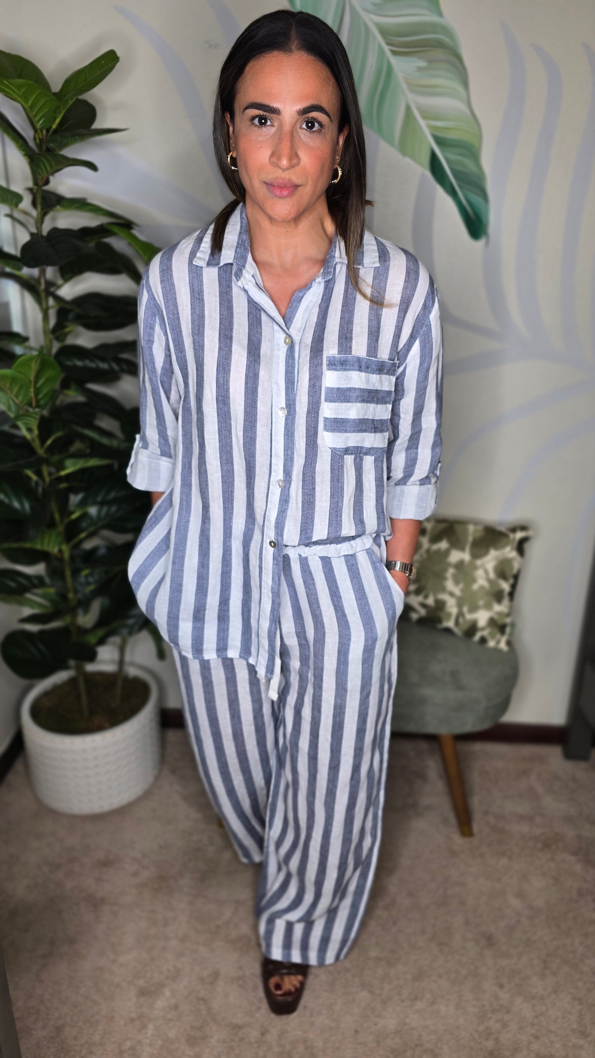 Made in Italy 100% Linen Striped Two-Piece Set